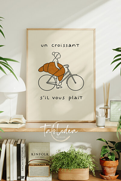 Genel Markalar Minimalist Bisikletli Kadın ve Kruvasan Desenli Bohem Kahve Kö...