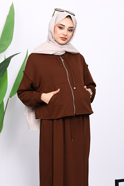 İmajButik Καφέ Σετ Φόρεμα Ζακέτα με τρεις κλωστές