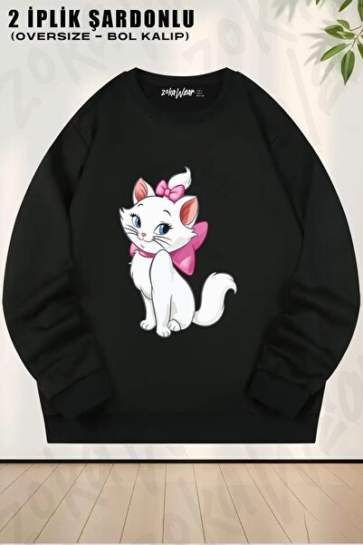 ZOKAWEAR Унисекс суитшърт с принт на котка Мари, с широка яка и обемна кройка