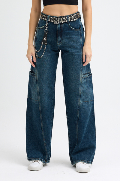 Pantastic Jeans Richone Mid Rise Wide Leg Women's Jeans with Belt+Chain