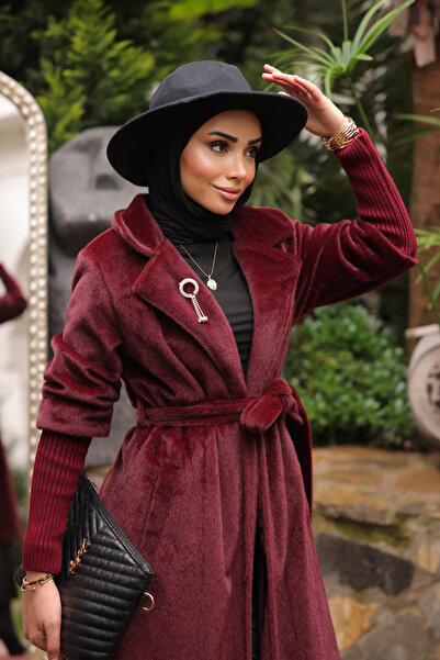 İmajButik Μπορντό παλτό από ανγκόρα με πλεκτά μανίκια