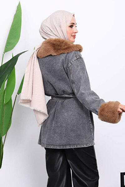 İmajButik Smoked Collar Fur Denim Jacket