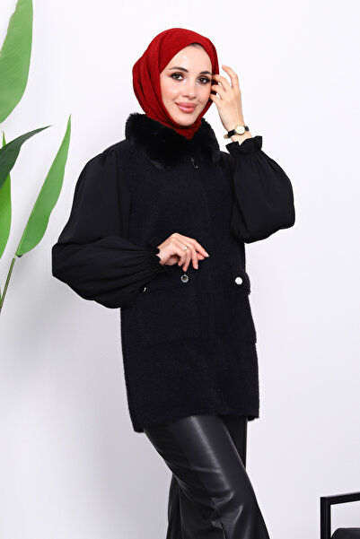 İmajButik Black Collar Fur Pocketed Knitwear Vest