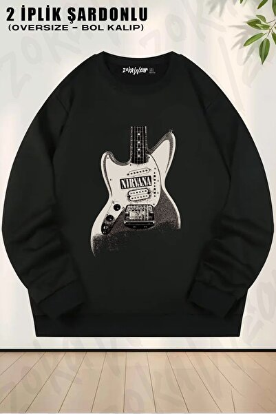 ZOKAWEAR سويت شيرت للجنسين جيتار نيرفانا مطبوع قصة فضفاضة برقبة دائرية