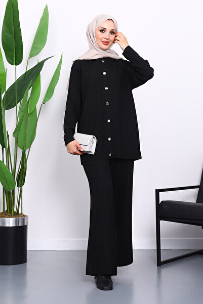 İmajButik Black Shirt Collar Buttoned Trouser Knitwear Set