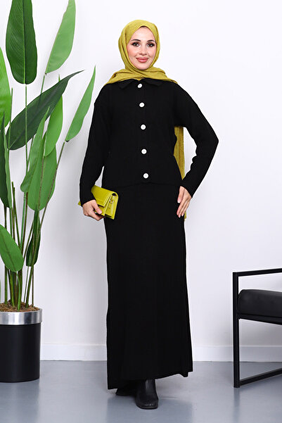 İmajButik Black Shirt Collar Buttoned Knitwear Skirt Set