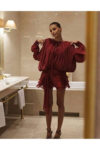 NEW JOURNAL Kadın Bordo Premium Trend Parlak Kumaş Dökümlü Balon Kol Eteği Fı...