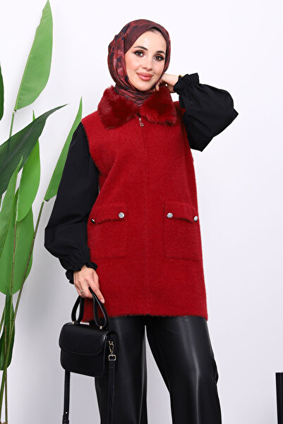 İmajButik Burgundy Collar Angora Knit Vest with Pockets