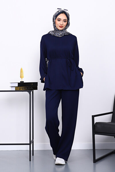 İmajButik Navy Blue Waist-Tied Pants Modal Suit with Pockets