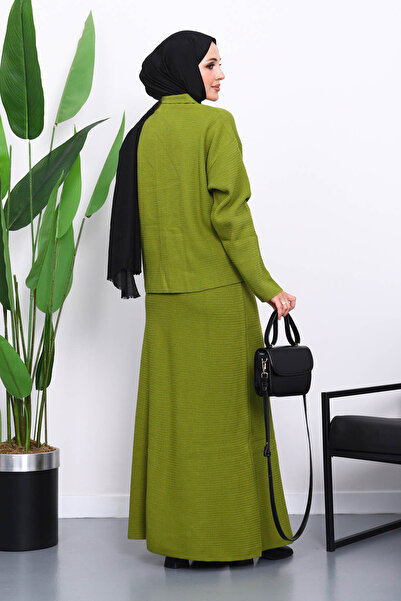 İmajButik Green Shirt Collar Buttoned Knitwear Skirt Set