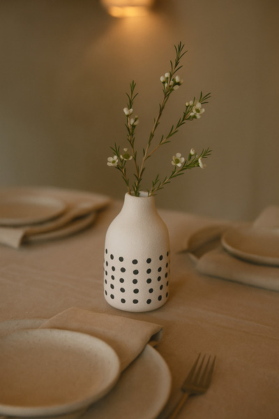 MARIA HOMES مزهرية سيراميك بيضاء طبيعية بنقاط سوداء - مزهرية أسطوانية صغيرة م...