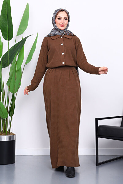 İmajButik Brown Shirt Collar Buttoned Knitwear Skirt Set