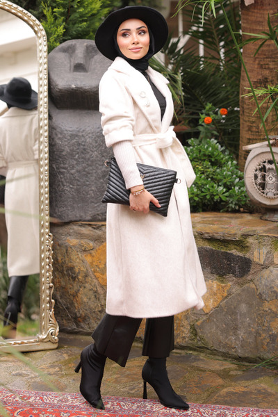 İmajButik Παλτό από ανγκόρα με πλεκτά μανίκια και λεπτομέρεια πλεξούδας