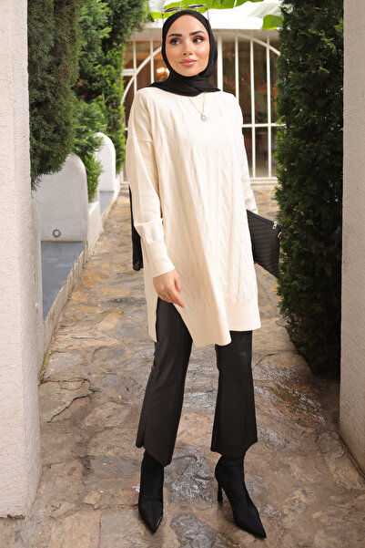 İmajButik Krem Bisiklet Yaka Soğuk İplik Triko Tunik