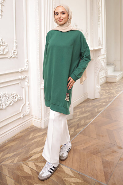 İmajButik Emerald Green Crew Neck Embroidered Tunic