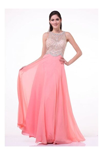 Ladivine Los Angeles Long coral evening dress in cloisonné made of veil with appliqués