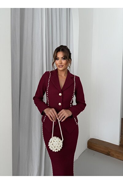 1Moda1Tarz Women's Imported Tweed Fabric Pearl Embroidered Lined Jacket Skirt Bottom-Top Set