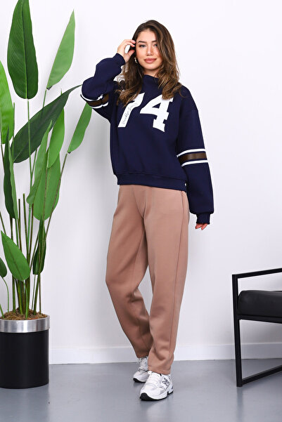 İmajButik Navy Blue Front and Sleeve Printed Three Thread Sweat