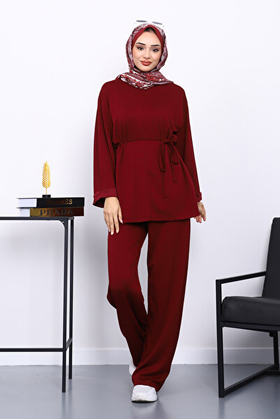 İmajButik Burgundy Belted Trousers Modal Suit with Pockets