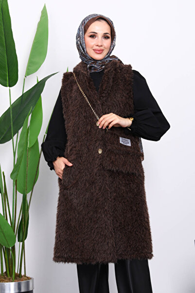 İmajButik Brown Bag Angora Plush Fur Vest with Gift