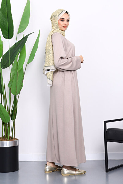 İmajButik Mink Sleeve Embroidered Raglan Sleeve Basic Modal Belted Dress