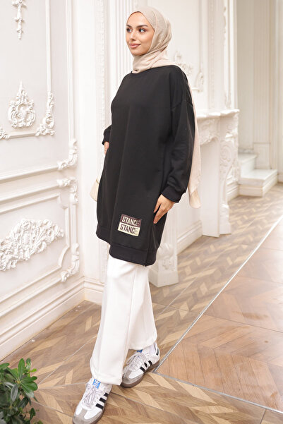 İmajButik Black Crew Neck Embroidered Tunic