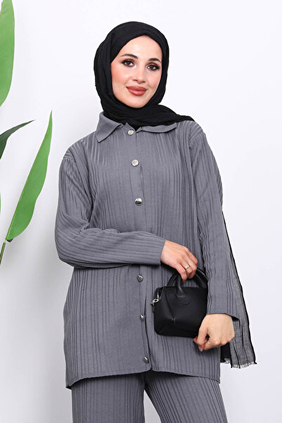 İmajButik Σετ πλεκτό με καπνιστό πουκάμισο με γιακά και παντελόνι με κουμπιά