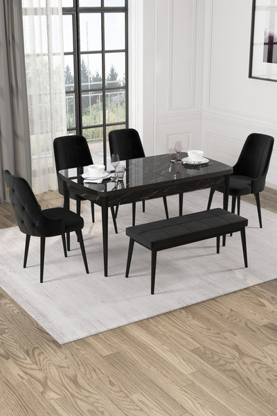 baresmu Nice Siyah Mermer 80X132 Açılabilir Mdf Masa Yemek Odası Takımı, Mutf...