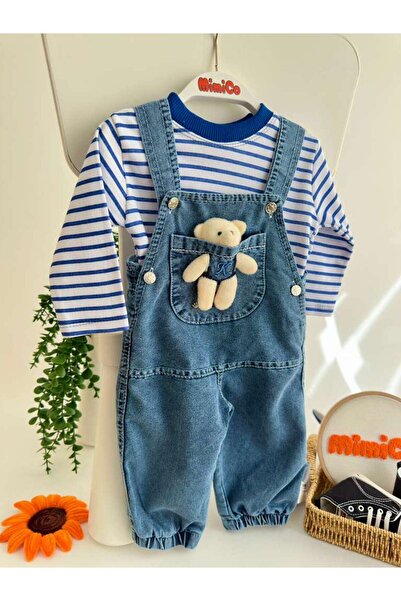 MimiCo Kot Salopet Takım - Mavi Çizgili Uzun Kollu ve Pelüş Ayıcık Detaylı