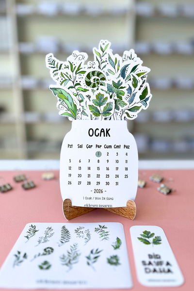 Eldesen Tasarım 2026 Çiçek Temalı Masa Takvimi | Kayın Desenli Karton Tutucu | Dekoratif Takvim | Hediye Seçeneği