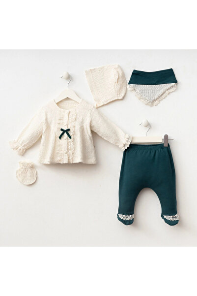 PefyBaby Baby Girl 5-Piece Hospital Discharge Set 100% Cotton, Emerald Green Lace Victorian Newborn Set