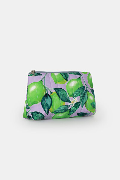 ICONE BAG Lime Limon Printed Quilted Triangle Makeup Bag, Inside Line Printed Lilac Background Makeup Bag