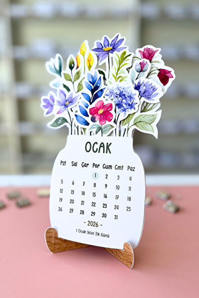 Eldesen Tasarım 2026 Çiçek Temalı Masa Takvimi | Kayın Desenli Karton Tutucu | Dekoratif Takvim | Hediye Seçeneği