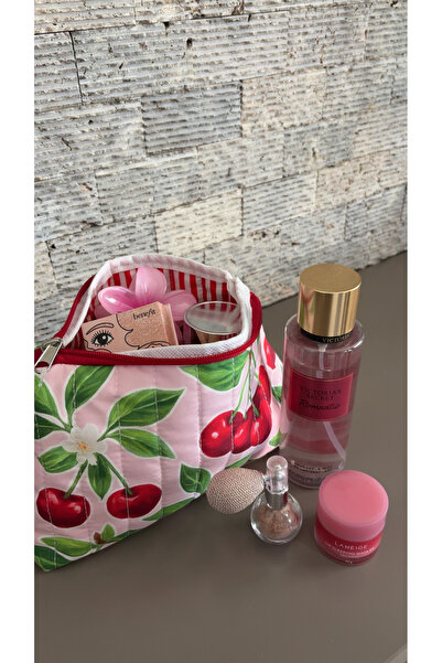 ICONE BAG Cherry Printed Quilted Triangle Makeup Bag, Line Inside Printed Pink Background Color Cosmetic Bag