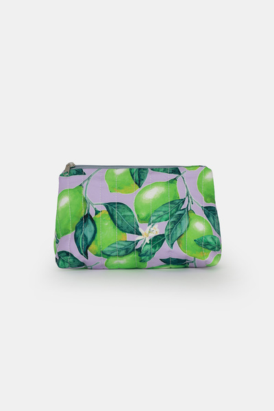 ICONE BAG Lime Limon Printed Quilted Triangle Makeup Bag, Inside Line Printed Lilac Background Makeup Bag