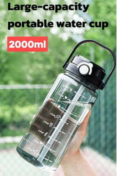 Generic 2L Large Capacity Sports Water Bottle with Two Drinking Ports, One-Hand One-Touch Open Lid, Carry H