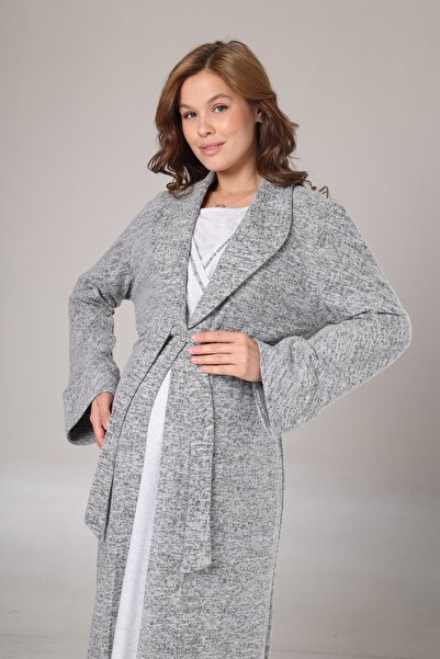 BLACKMORE Women's Gray Jacquard Special Design Shawl Collar Full Length Winter Maternity Nightgown-Robe Set of 2