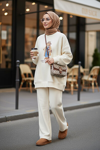 Aselim Hijap Moda The Bear Society Special Collection Double Suit |   Cotton Stretch Fabric Ecru-Vanilla