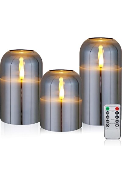 DELPI Set of 3 LED candles, Delpi, silver, remote control, flame effect, batt...