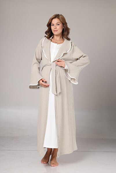 BLACKMORE Women's Beige Jacquard Special Design Shawl Collar Full Length Winter Maternity Nightgown-Robe Set of 2