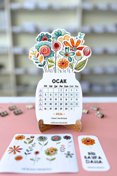 Eldesen Tasarım 2026 Çiçek Temalı Masa Takvimi | Kayın Desenli Karton Tutucu | Dekoratif Takvim | Hediye Seçeneği