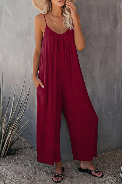 SWEETNESS Sweezarmo Women's Summer Sleeveless V-Neck Spaghetti Strap Loose Jumpsuit with Pockets L