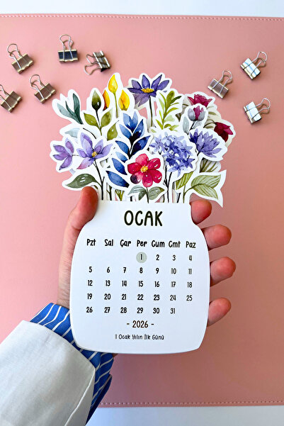 Eldesen Tasarım 2026 Çiçek Temalı Masa Takvimi | Kayın Desenli Karton Tutucu | Dekoratif Takvim | Hediye Seçeneği