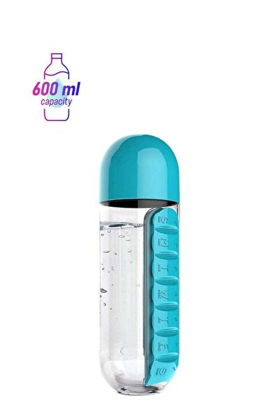 Generic CYTHERIA Plastic Water Bottle With Daily Pill Box Organizer Blue/Clear 23.5x6.9cm