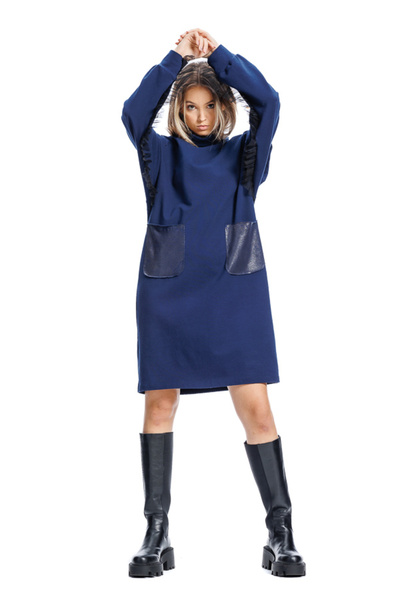 RVL Rochie bleumarin cu volane pe mânecă