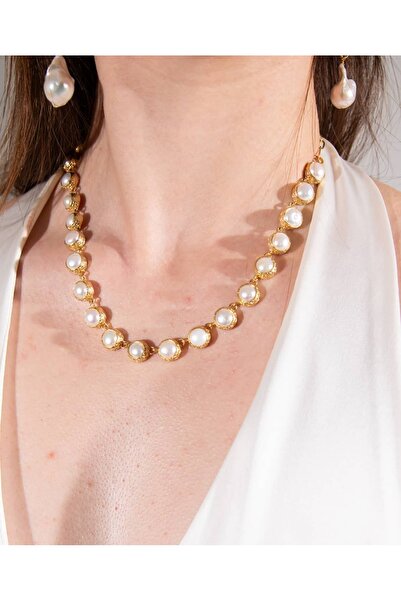 quc collection Pearl Orbit - El Yapımı Pirinç Üzeri 22K Ayar Altın Kaplama İnci Kolye