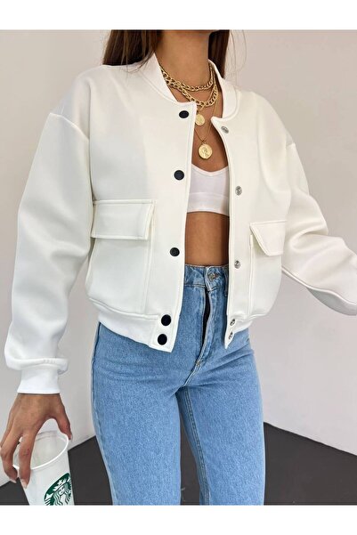 MsLena Butik Women's Crew Neck Diving Fabric Snap Closure Pocket Detail Bomber Jacket White