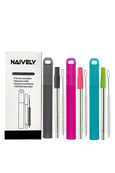 Generic Collapsible Portable Stainless Steel Straws - 3 Pack Metal Reusable Straws with Silicone Tips Plast