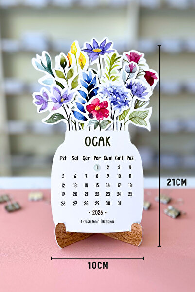 Eldesen Tasarım 2026 Çiçek Temalı Masa Takvimi | Kayın Desenli Karton Tutucu | Dekoratif Takvim | Hediye Seçeneği