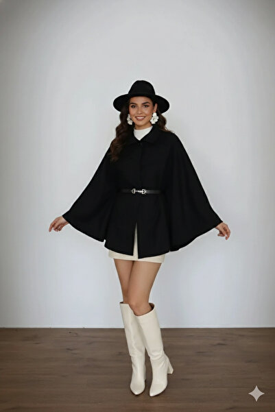 beeke Zaharia Women's New Season Belted Wool Inside Collar Detailed Poncho Ca...